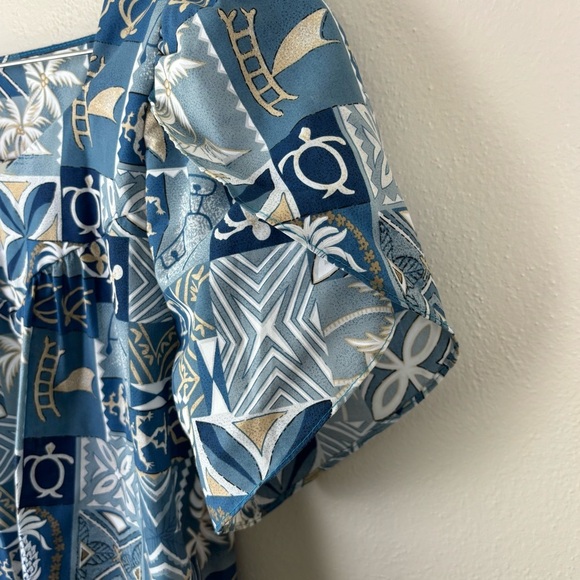 Vintage Hawaiian Togs Bark Cloth Dress Blue Luau Kaftan Muu Muu Tiered Size M - Picture 3 of 7